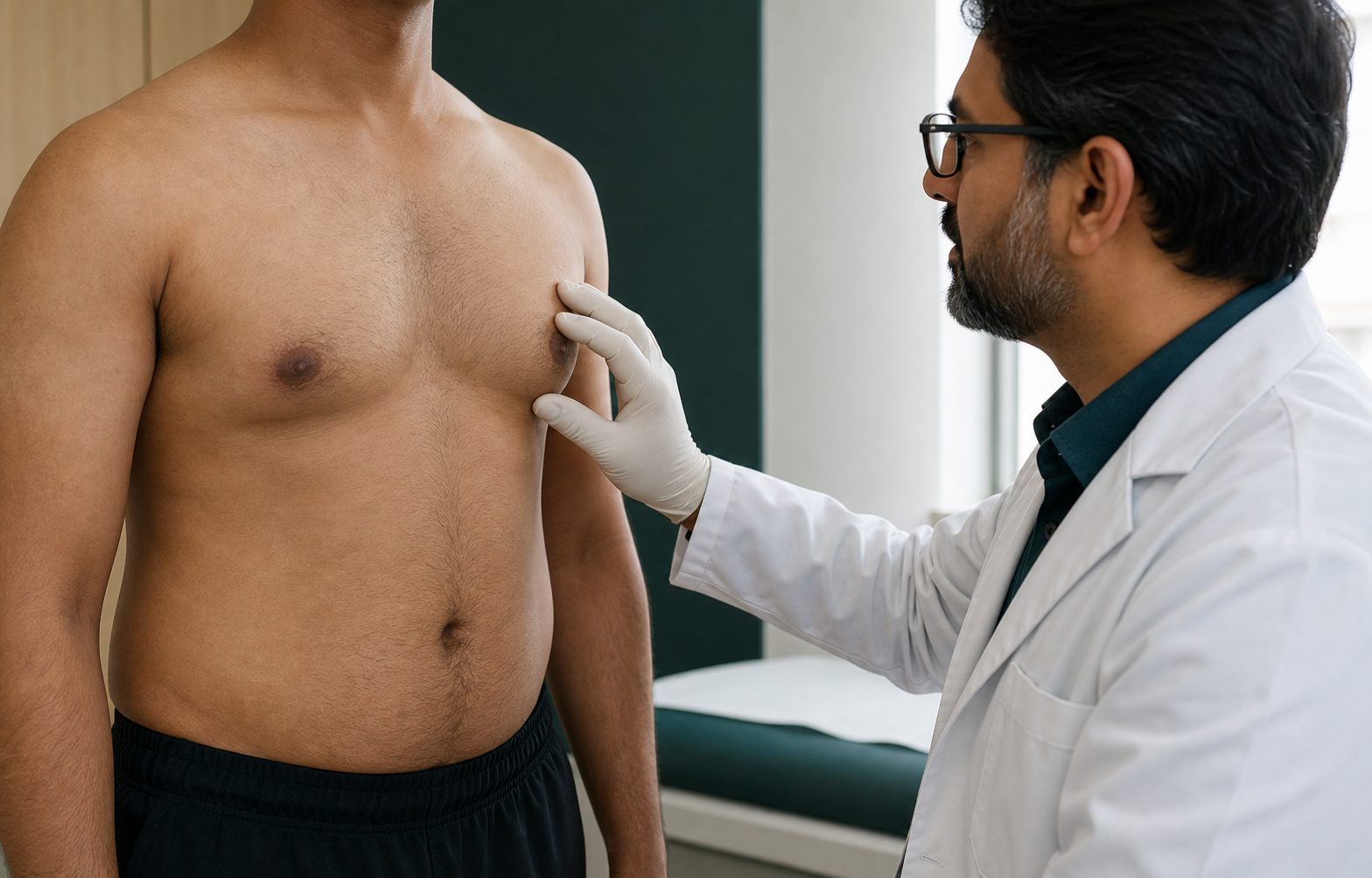 A surgeon respectfully examining an adult male patient's chest with the patient's face outside the frame
