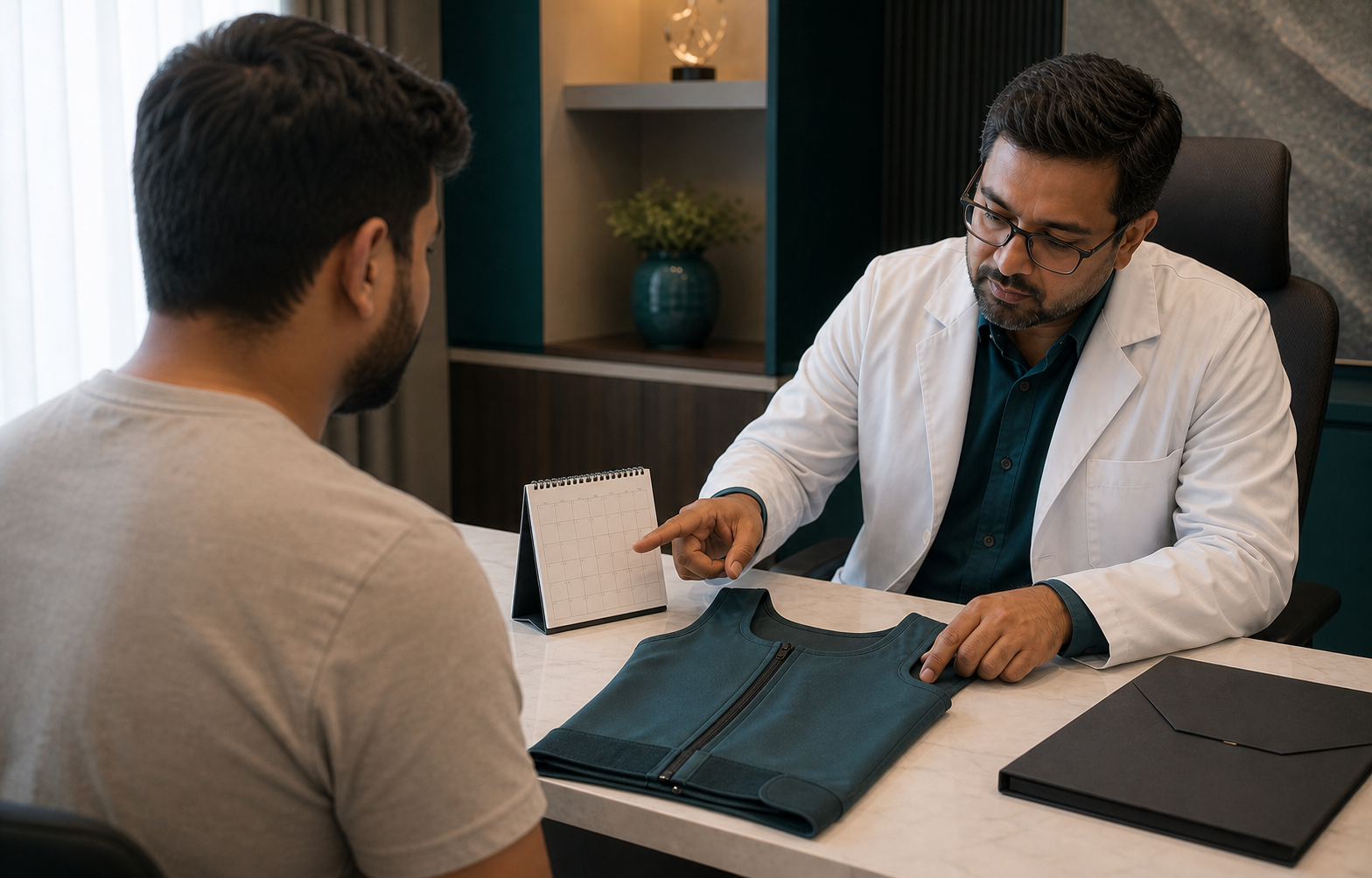 A surgeon explaining a compression garment and follow-up calendar to an adult male patient