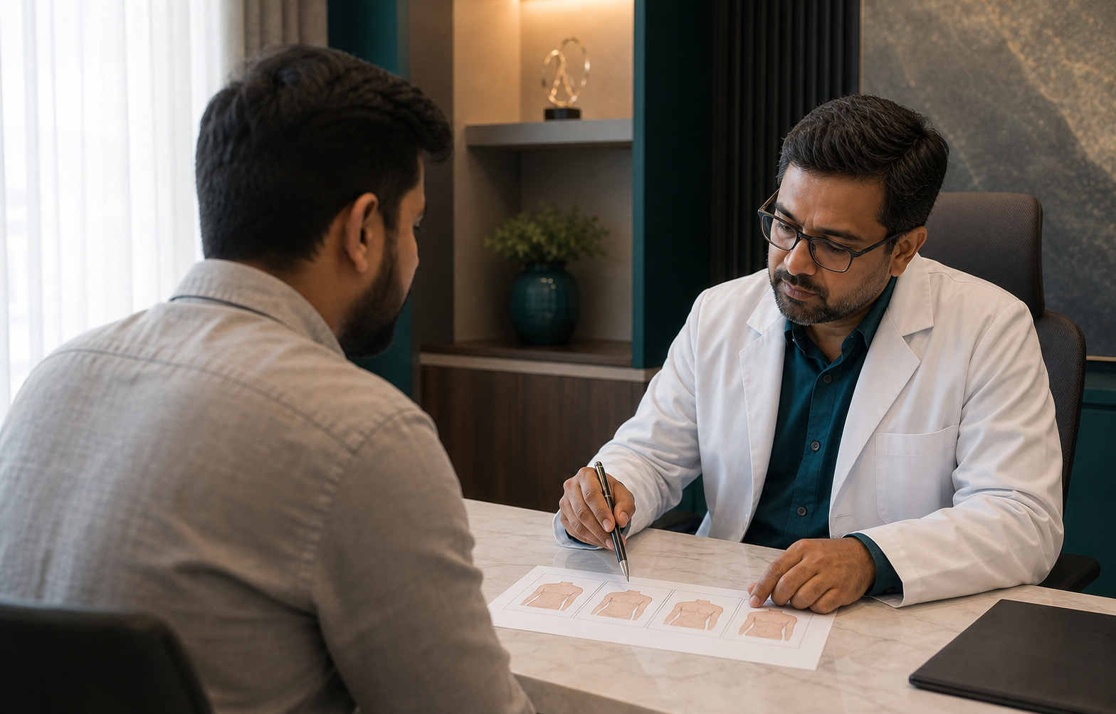 A surgeon and adult male patient comparing possible gynecomastia treatment techniques during a consultation
