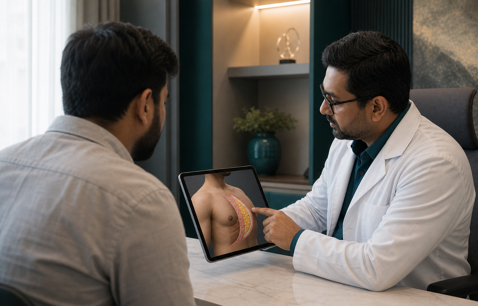 A surgeon and adult male patient reviewing a simplified chest tissue map on a tablet